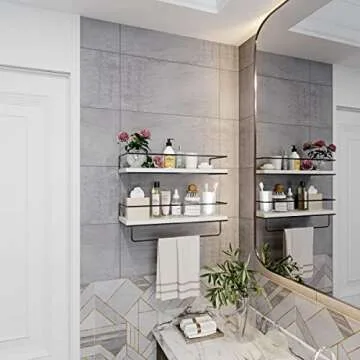 Shario White Floating Shelves - Set of 2, Wall Mounted Hanging Shelves with Black Towel Rack, Decora...