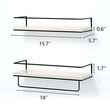 Shario White Floating Shelves - Set of 2, Wall Mounted Hanging Shelves with Black Towel Rack, Decorative Storage Shelves for Bathroom, Kitchen, Living Room & Bedroom (Modern White)