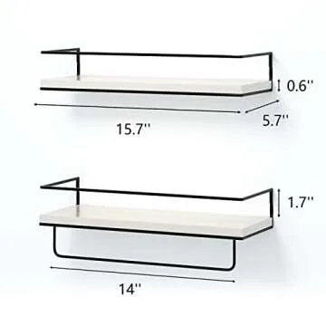 Shario White Floating Shelves - Set of 2, Wall Mounted Hanging Shelves with Black Towel Rack, Decorative Storage Shelves for Bathroom, Kitchen, Living Room & Bedroom (Modern White)