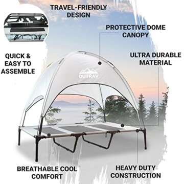 Outrav Pet Cot with Canopy Shade Tent & Carry Along Travel Bag – Portable Foldable Indoor Outdoor Cooling Elevated Dog Bed with Removable Pop Up Sunshade Dome Gazebo Awning, Large or XL – Gray
