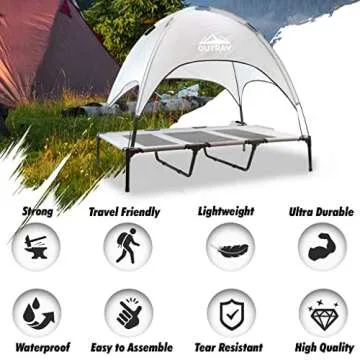 Outrav Pet Cot with Canopy Shade Tent & Carry Along Travel Bag – Portable Foldable Indoor Outdoor Cooling Elevated Dog Bed with Removable Pop Up Sunshade Dome Gazebo Awning, Large or XL – Gray