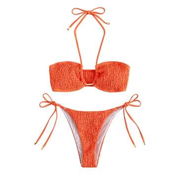 SweatyRocks Women's 2 Piece Bathing Suit Ribbed Tie Side Halter Bikini Swimsuit Orange S