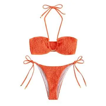 SweatyRocks Women's 2 Piece Bathing Suit Ribbed Tie Side Halter Bikini Swimsuit Orange S