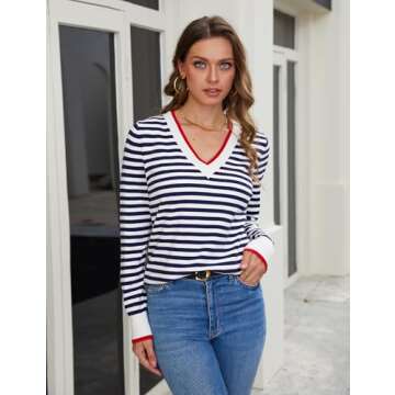 Blooming Jelly Women Striped V Neck Sweater Long Sleeve Pullover Shirts Casual Fall 2024 Tops (L, Bl...