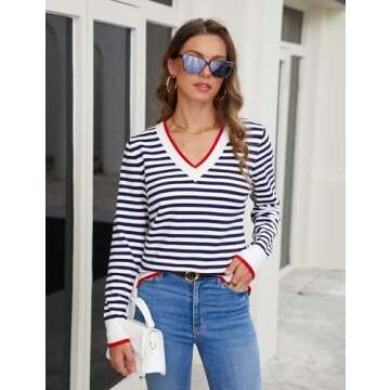 Blooming Jelly Women Striped V Neck Sweater Long Sleeve Pullover Shirts Casual Fall 2024 Tops (L, Blue White)