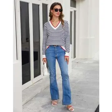 Blooming Jelly Women Striped V Neck Sweater Long Sleeve Pullover Shirts Casual Fall 2024 Tops (L, Blue White)