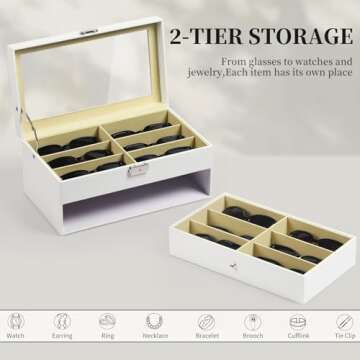 AUTOARK Leather 12 Piece Eyeglasses Storage and Sunglass Glasses Display Drawer Lockable Case Organizer,White,AW-053