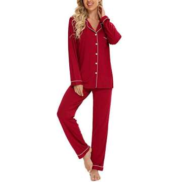 Anjue Womens Christmas Pjs Set Long Sleeve Sleepwear Cozy Button Up Pajamas Two Piece Set(Wine Red,M...