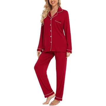 Anjue Womens Christmas Pjs Set Long Sleeve Sleepwear Cozy Button Up Pajamas Two Piece Set(Wine Red,M)