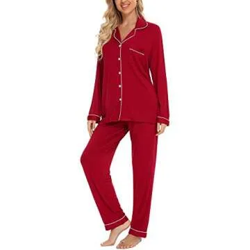 Anjue Womens Christmas Pjs Set Long Sleeve Sleepwear Cozy Button Up Pajamas Two Piece Set(Wine Red,M)
