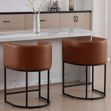 RIVOVA PU Leather Bar Stools Set of 2, Modern Upholstered Counter Height Bar stools 24" Leather Barstools Barrel Kitchen Counter Island Stools with Black Metal Base, Brown