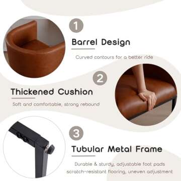 RIVOVA PU Leather Bar Stools Set of 2, Modern Upholstered Counter Height Bar stools 24" Leather Barstools Barrel Kitchen Counter Island Stools with Black Metal Base, Brown