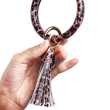 ELOT Leather-Keyrings-Tassel Wristlet Keychain-Round Key Chain Wrist Bracelet-Large Circle Keyring Bangle for Women Girls (#19 yellow Leopard)