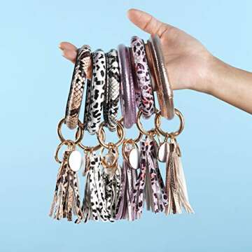 ELOT Leather-Keyrings-Tassel Wristlet Keychain-Round Key Chain Wrist Bracelet-Large Circle Keyring Bangle for Women Girls (#19 yellow Leopard)