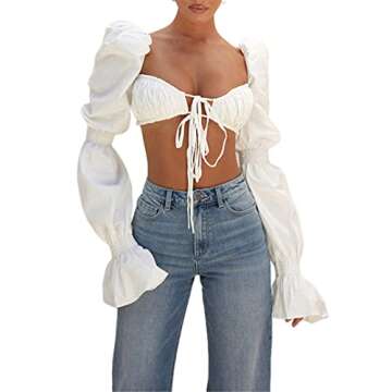 TICIFEN Women's Sexy Self Tie Front Ruched Puff Long Sleeve Crop Top Blouse Sexy Pleated Chiffon Smo...
