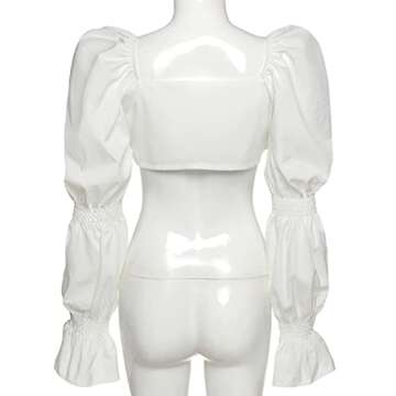 TICIFEN Women's Sexy Self Tie Front Ruched Puff Long Sleeve Crop Top Blouse Sexy Pleated Chiffon Smocked Mesh Blouse White