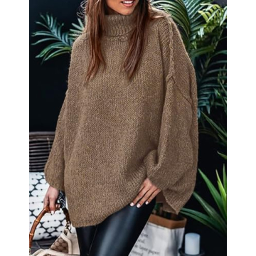 PRETTYGARDEN Women's Winter Turtleneck Oversized Sweaters Long Sleeve Chunky Knit Slouchy Pullover Sweater Tops (Light Brown,X-Large)