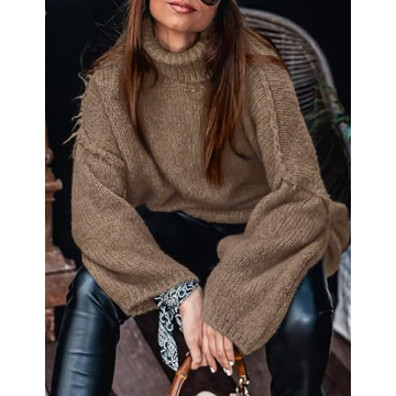 PRETTYGARDEN Women's Winter Turtleneck Oversized Sweaters Long Sleeve Chunky Knit Slouchy Pullover Sweater Tops (Light Brown,X-Large)