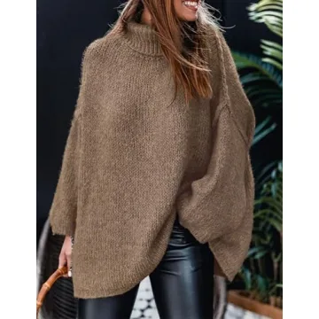 PRETTYGARDEN Women's Winter Turtleneck Oversized Sweaters Long Sleeve Chunky Knit Slouchy Pullover Sweater Tops (Light Brown,X-Large)