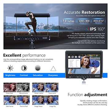 Neewer F100 7 Inch Camera Field Monitor HD Video Assist Slim IPS 1280x800 HDMI Input 1080p with 2600mAh Li-ion Battery/USB Charger for DSLR Cameras, Handheld Stabilizer, Film Video Making Rig