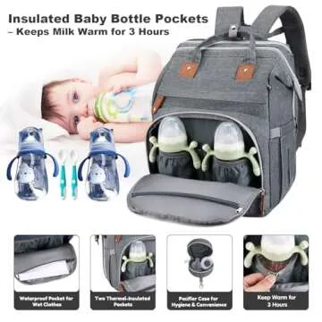 DERSTUEWE Diaper Bag Backpack for Moms & Dads – Large-Capacity Baby Bag with Changing Station, Insulated Pockets, USB Charging, Waterproof & Stylish, Travel-Friendly， (Heather Grey)
