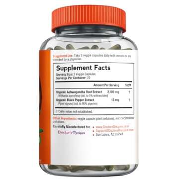 Doctor's Recipes Pure Organic Ashwagandha Root Extract 2100 MG, Std. 5% Withanolides 105 MG