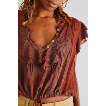 Women Summer Cute Button Shirt Y2K Low Cut V-Neck Short Sleeve Ruffle Trim Blouse Top Y2K Going Out Shirt Streetwear (Chocolate, S)