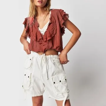 Women Summer Cute Button Shirt Y2K Low Cut V-Neck Short Sleeve Ruffle Trim Blouse Top Y2K Going Out Shirt Streetwear (Chocolate, S)