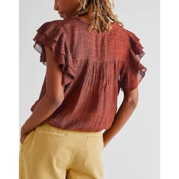 Women Summer Cute Button Shirt Y2K Low Cut V-Neck Short Sleeve Ruffle Trim Blouse Top Y2K Going Out Shirt Streetwear (Chocolate, S)