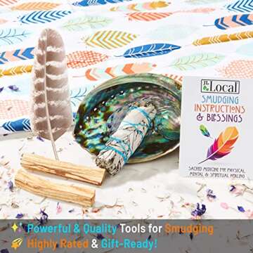 Smudge Kit - White Sage, Palo Santo, Abalone Shell, Smudging Feather, for Healing, Purifying, Meditating & Incense (Essentials)