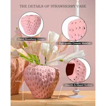 DN DECONATION Pink Strawberry Vase for Flower, Strawberry Shaped Planter Pot for Girls, Unique Ceram...