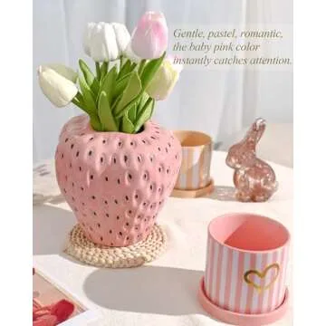 DN DECONATION Pink Strawberry Vase for Flower, Strawberry Shaped Planter Pot for Girls, Unique Ceramic Fruit Vases for Strawberry Party Baby Shower Kitchen Decorations