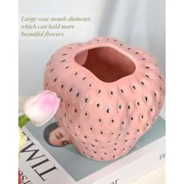 DN DECONATION Pink Strawberry Vase for Flower, Strawberry Shaped Planter Pot for Girls, Unique Ceramic Fruit Vases for Strawberry Party Baby Shower Kitchen Decorations