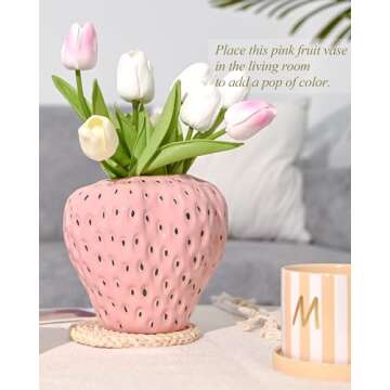 DN DECONATION Pink Strawberry Vase for Flower, Strawberry Shaped Planter Pot for Girls, Unique Ceramic Fruit Vases for Strawberry Party Baby Shower Kitchen Decorations