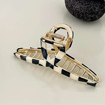 FAELBATY Hair Clip, Acetate Metal Claw Clip for Women, Strong Hold Claw for Heavy Hair, Checkerboard Pattern, 4.5" Jaw Clamp, Large Hair Accessories for Long Thick Hair