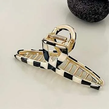 FAELBATY Hair Clip, Acetate Metal Claw Clip for Women, Strong Hold Claw for Heavy Hair, Checkerboard Pattern, 4.5" Jaw Clamp, Large Hair Accessories for Long Thick Hair