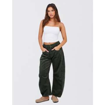 SeekMe Women's Corduroy Pants Barrel Mid-Rise Elastic Waist Casual Trousers with Pockets