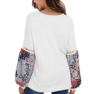 MIHOLL Women Casual Long Sleeve Blouse Printed V Neck Loose Pullover Sweater Tops (Small, White)
