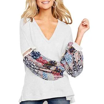 MIHOLL Women Casual Long Sleeve Blouse Printed V Neck Loose Pullover Sweater Tops (Small, White)