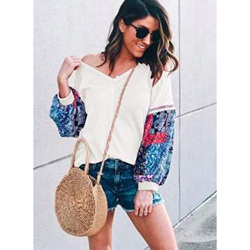 MIHOLL Women Casual Long Sleeve Blouse Printed V Neck Loose Pullover Sweater Tops (Small, White)