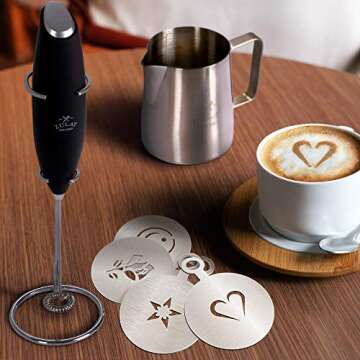 Zulay Kitchen Premium Gift Milk Frother Complete Set - Handheld Foam Maker, Stencils & Frother Set - Whisk Drink Mixer for Coffee - Mini Blender for Cappuccino, Frappe