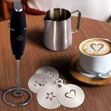 Zulay Kitchen Premium Gift Milk Frother Complete Set - Handheld Foam Maker, Stencils & Frother Set - Whisk Drink Mixer for Coffee - Mini Blender for Cappuccino, Frappe