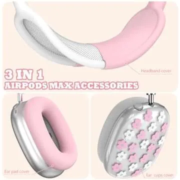 Silicone Case for AirPods Max Headphones,Clear Flower Soft TPU Ear Cups Cover,Ear Pad Case Cover,Headband Cover for AirPod Max,Transparent Protector for Apple AirPods Max (2024/USB-C) for Women,Pink