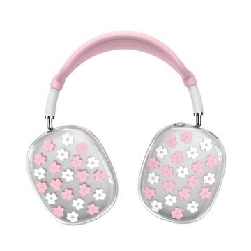 Silicone Case for AirPods Max Headphones,Clear Flower Soft TPU Ear Cups Cover,Ear Pad Case Cover,Headband Cover for AirPod Max,Transparent Protector for Apple AirPods Max (2024/USB-C) for Women,Pink