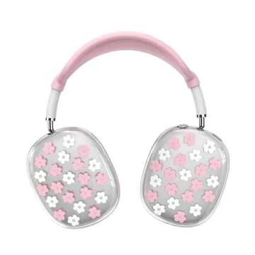 Silicone Case for AirPods Max Headphones,Clear Flower Soft TPU Ear Cups Cover,Ear Pad Case Cover,Headband Cover for AirPod Max,Transparent Protector for Apple AirPods Max (2024/USB-C) for Women,Pink