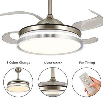 CYZVQP Retractable Ceiling Fan with Light and Remote Control Modern LED Chandelier with 3 Modes Color Change for Bedroom Living Room, 42 Inch