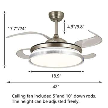 CYZVQP Retractable Ceiling Fan with Light and Remote Control Modern LED Chandelier with 3 Modes Color Change for Bedroom Living Room, 42 Inch
