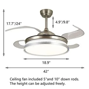 CYZVQP Retractable Ceiling Fan with Light and Remote Control Modern LED Chandelier with 3 Modes Color Change for Bedroom Living Room, 42 Inch