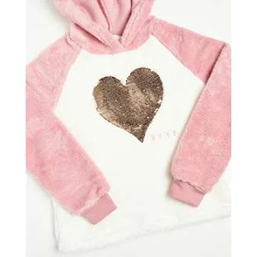 DKNY Girls' Sweatshirt - Lightweight Pullover Fleece Hoodie, Size 14-16, Silver Pink/Off White