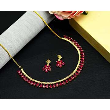 JewarHaat Indian Necklace Set AD CZ Elegant Gold Plated Multi Stones Sparkling Crystals Choker with Earrings Jewelry for Womens (Ruby Red)